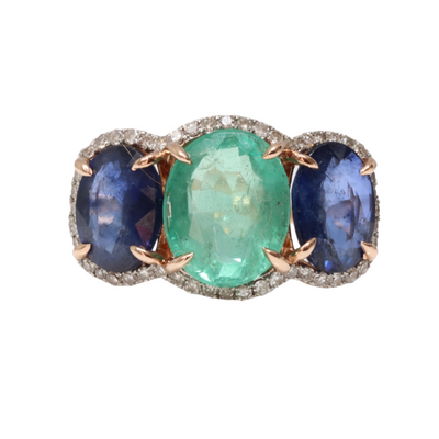 14ct Rose Gold Emerald, Sapphire and Diamond Ring