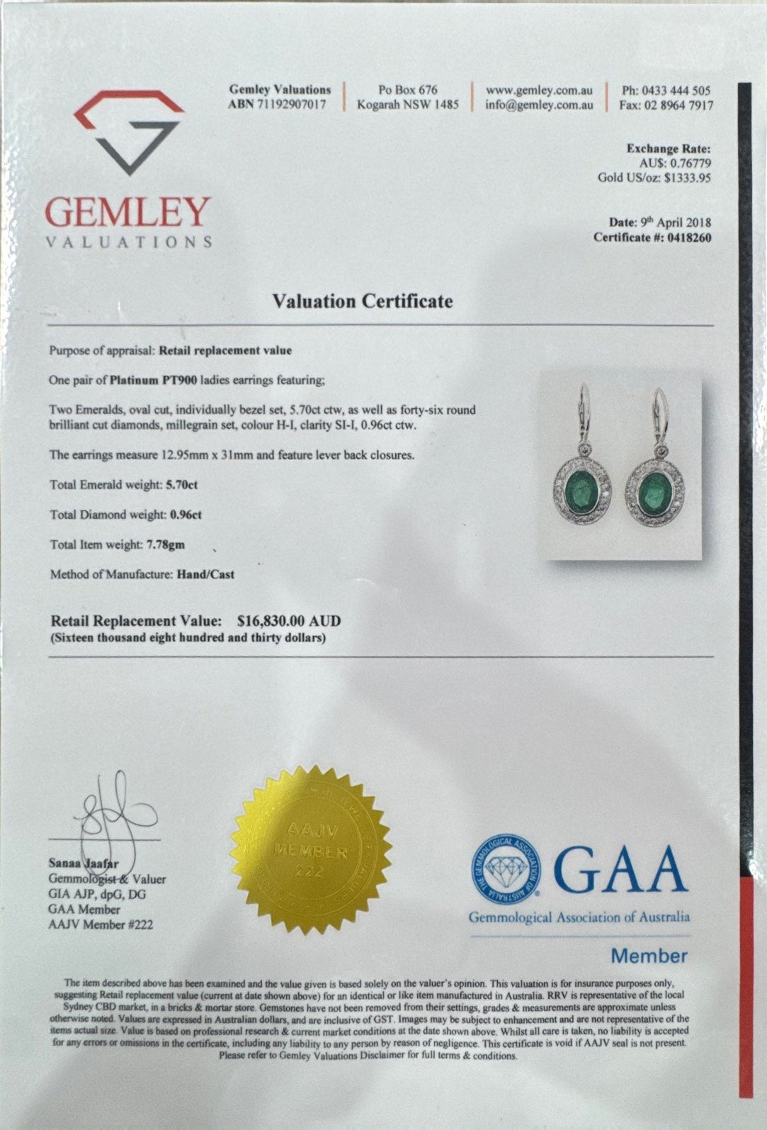 Platinum Emerald and Diamond Earrings