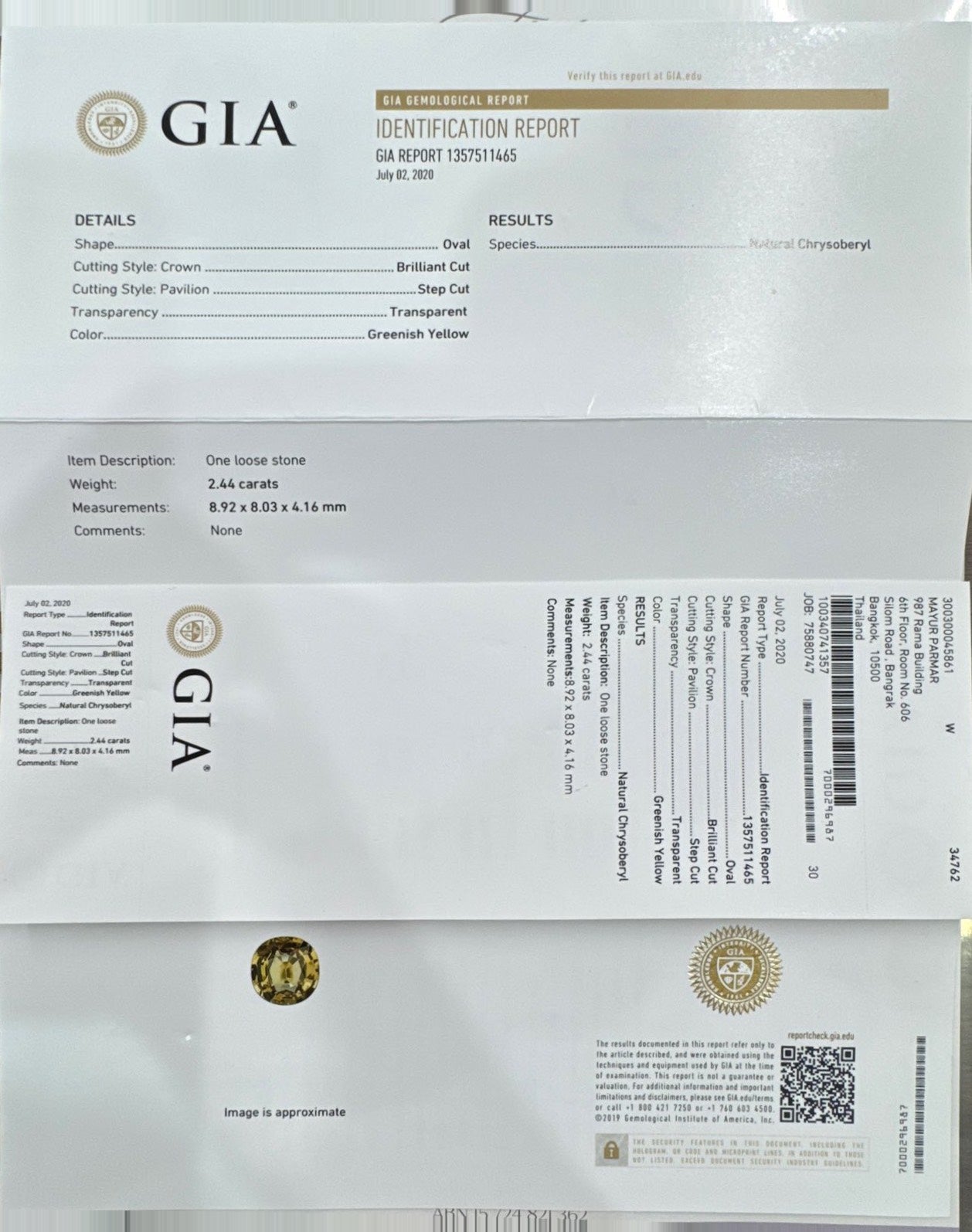 Chrysoberyl GIA certified and Diamond in 18ct YG ring