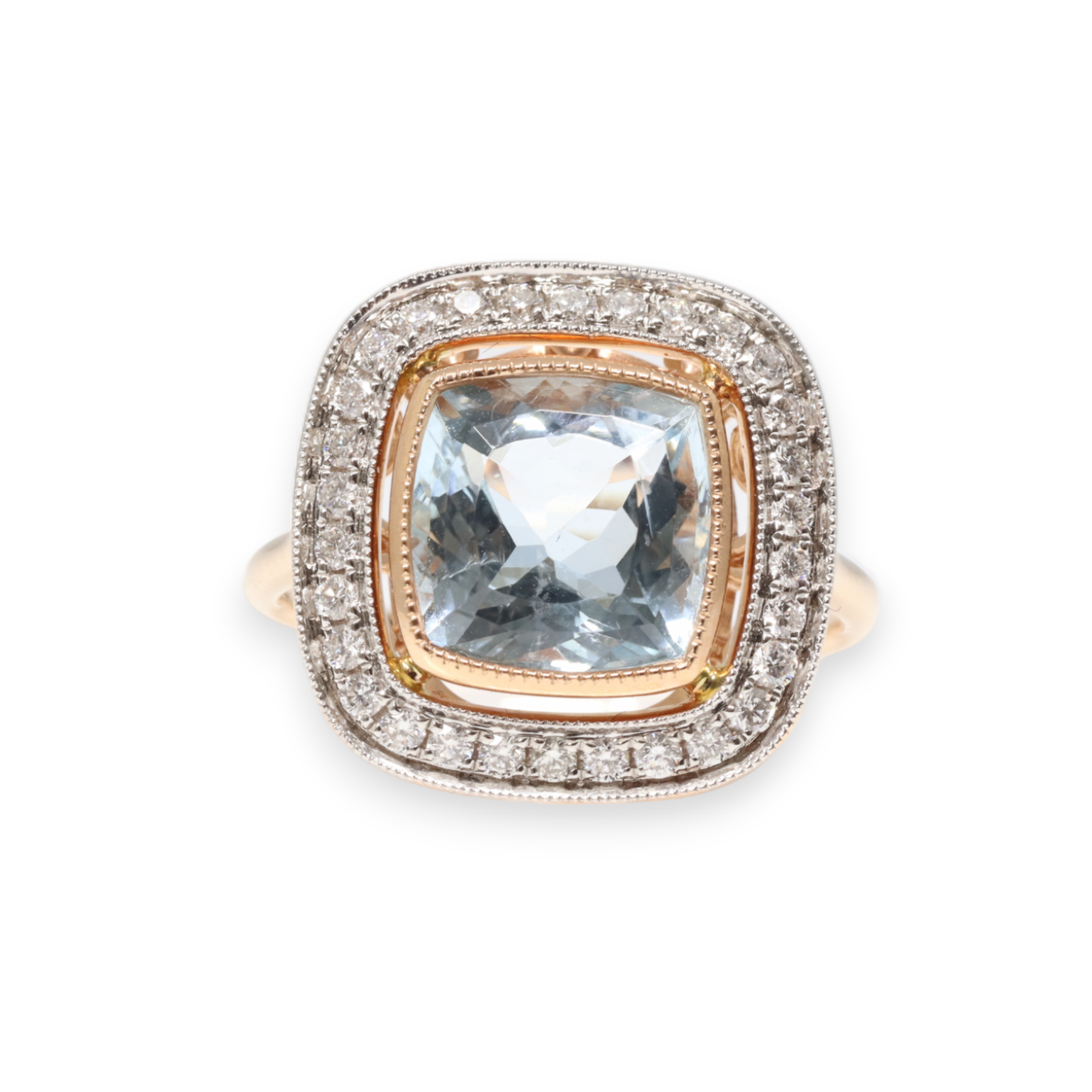 18ct Rose Gold Aquamarine and Diamond dress ring