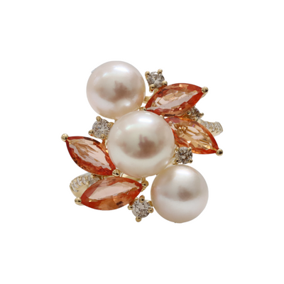 Padparadscha Sapphires, Cream Pearls and Diamonds in 18ct YG