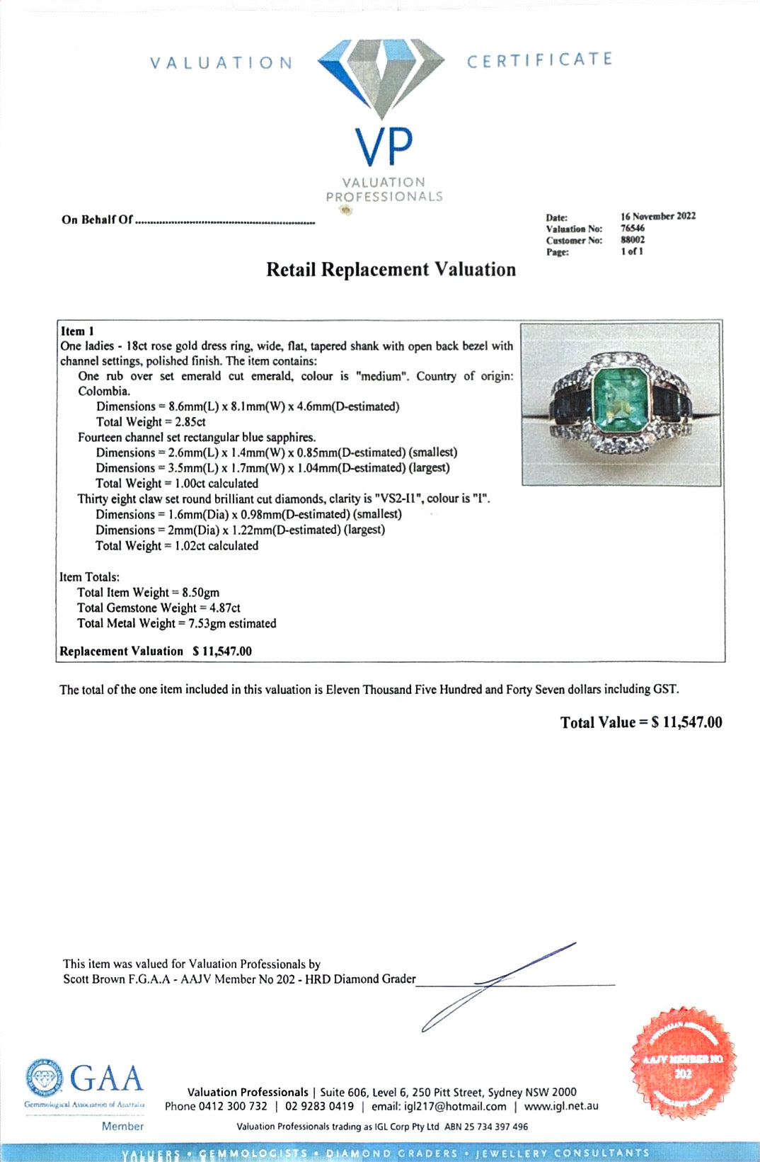 18ct Rose Gold, Colombian Emerald, Sapphires and Diamond ring