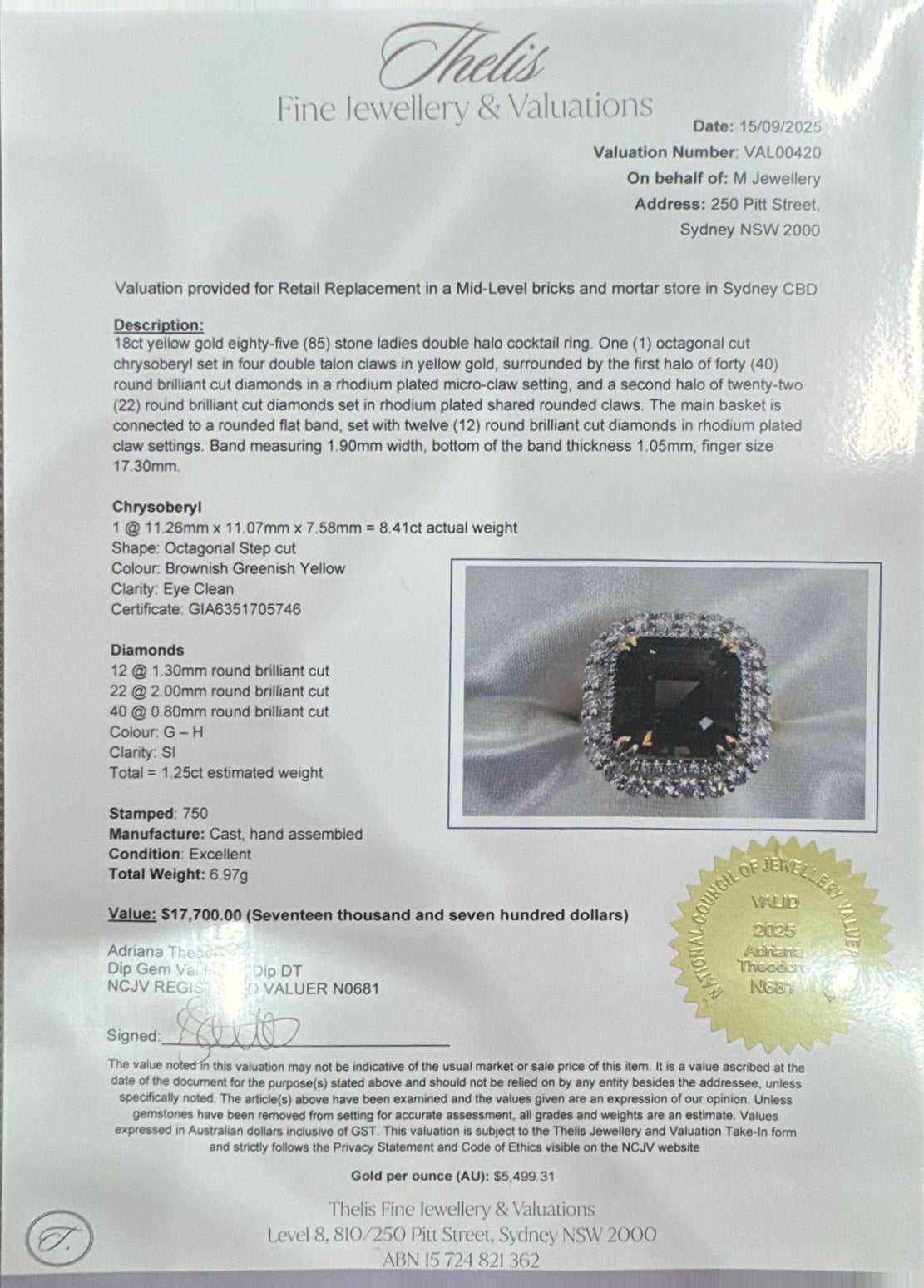 Chrysoberyl GIA certified and Diamond Ring in 18ct YG