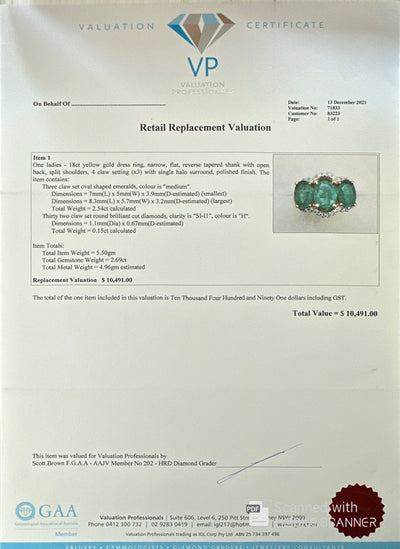 18ct Yellow Gold Emerald Trilogy and Diamond Ring