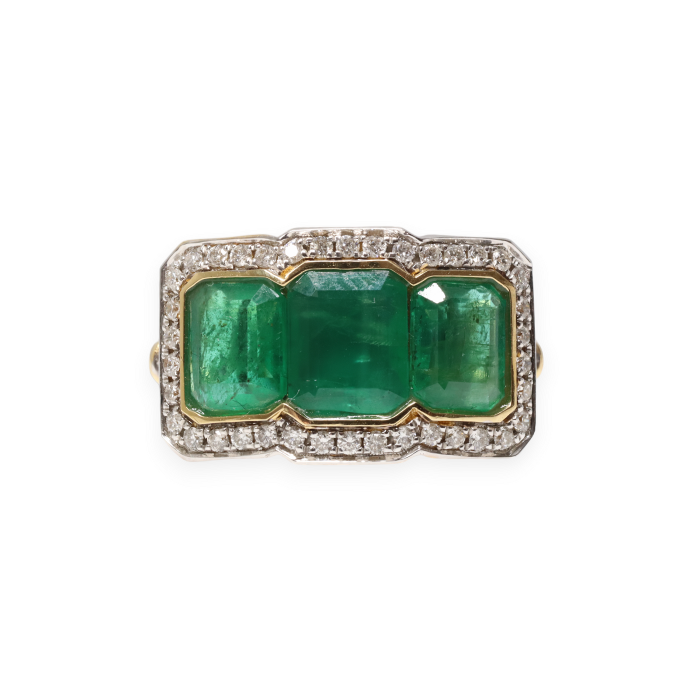 18ct Yellow Gold Emerald and Diamond trilogy Rings