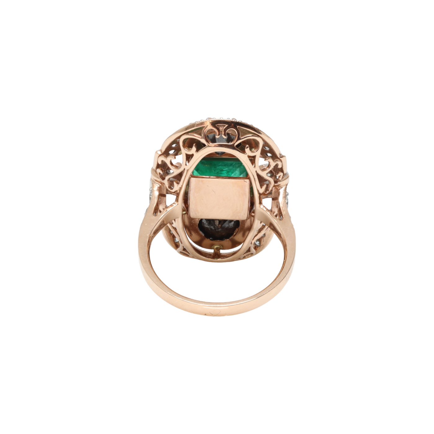 14ct Rose Gold Emerald, Diamond and Black Diamond Ring