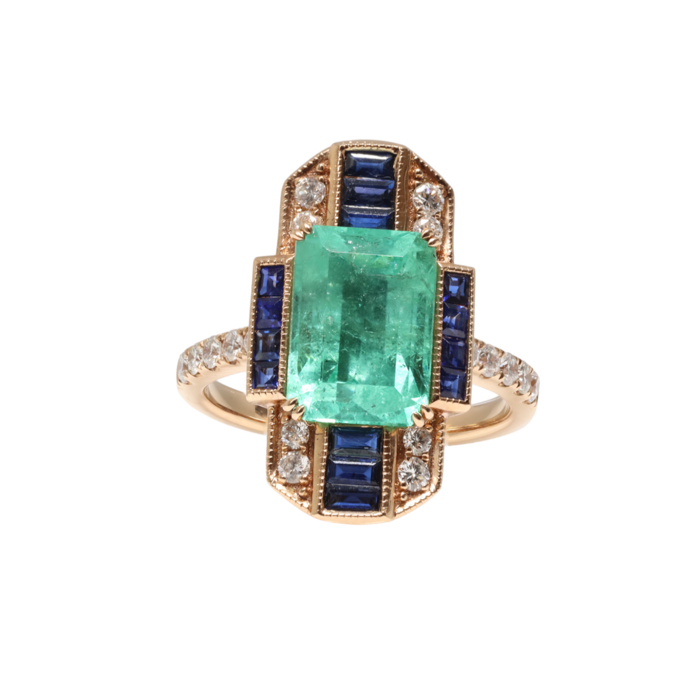 18ct Rose Gold Colombian Emerald , Sapphire and Diamond Ring