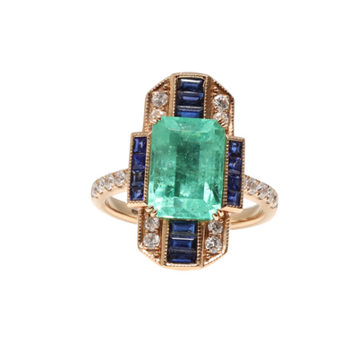 18ct Rose Gold Colombian Emerald , Sapphire and Diamond Ring