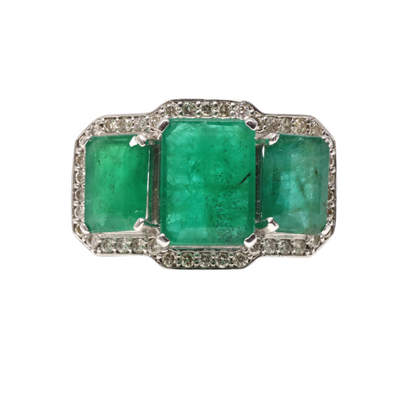 18ct White Gold Emerald and Diamond Trilogy Ring