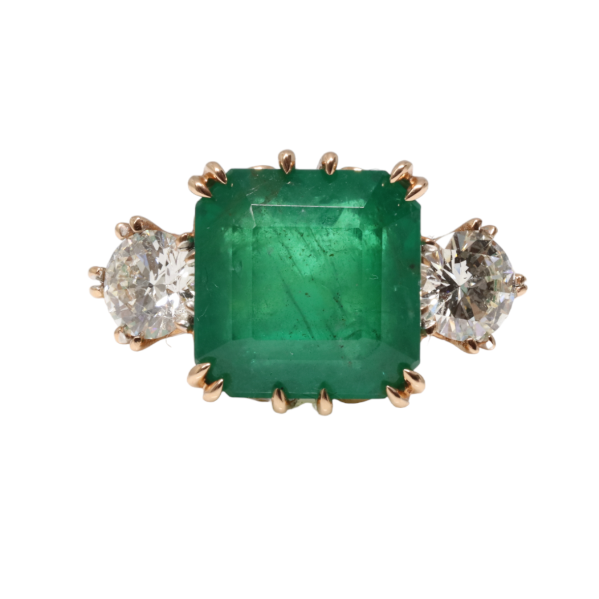 18ct Rose Gold Trilogy Emerald and Diamond Ring