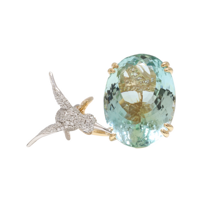 Aquamarine and Diamond Bird Ring in 18ct Yellow Gold