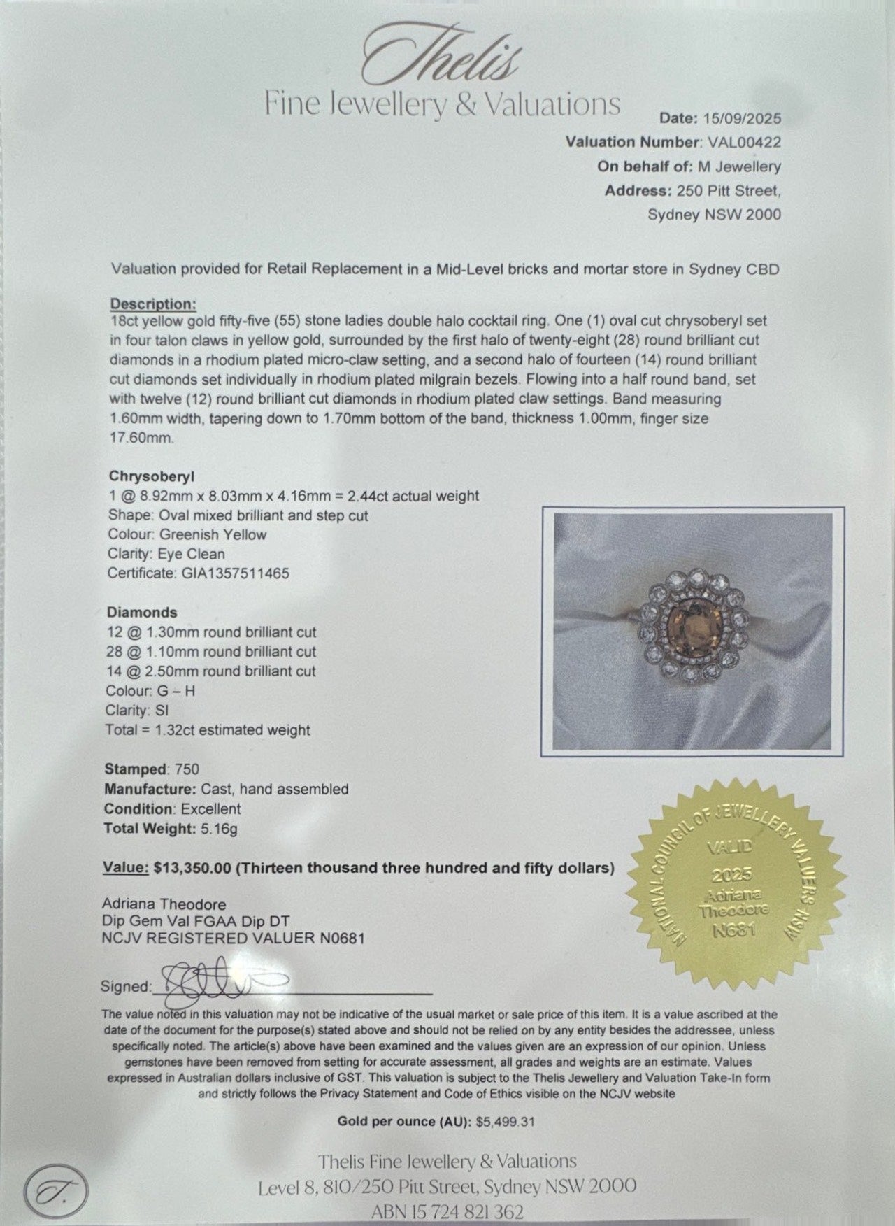 Chrysoberyl GIA certified and Diamond in 18ct YG ring