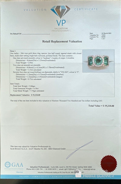 18ct Rose Gold Colombian Emerald and Diamond Trilogy Ring