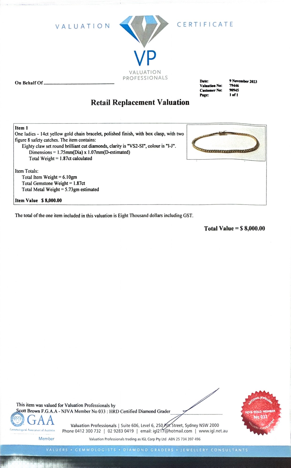 1.87ct YG Diamond Tennis Bracelet in 14ct