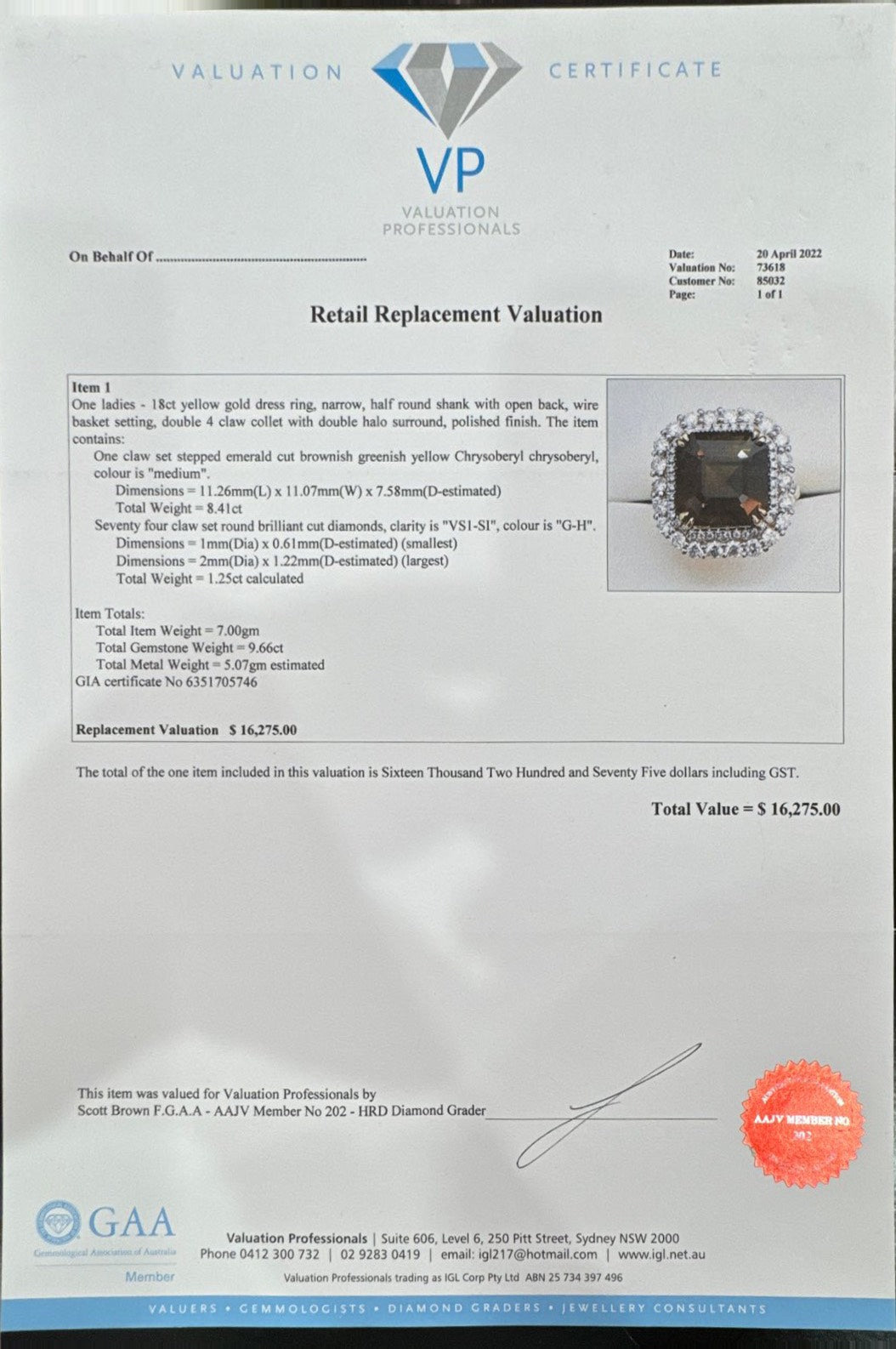 Chrysoberyl GIA certified and Diamond Ring in 18ct YG