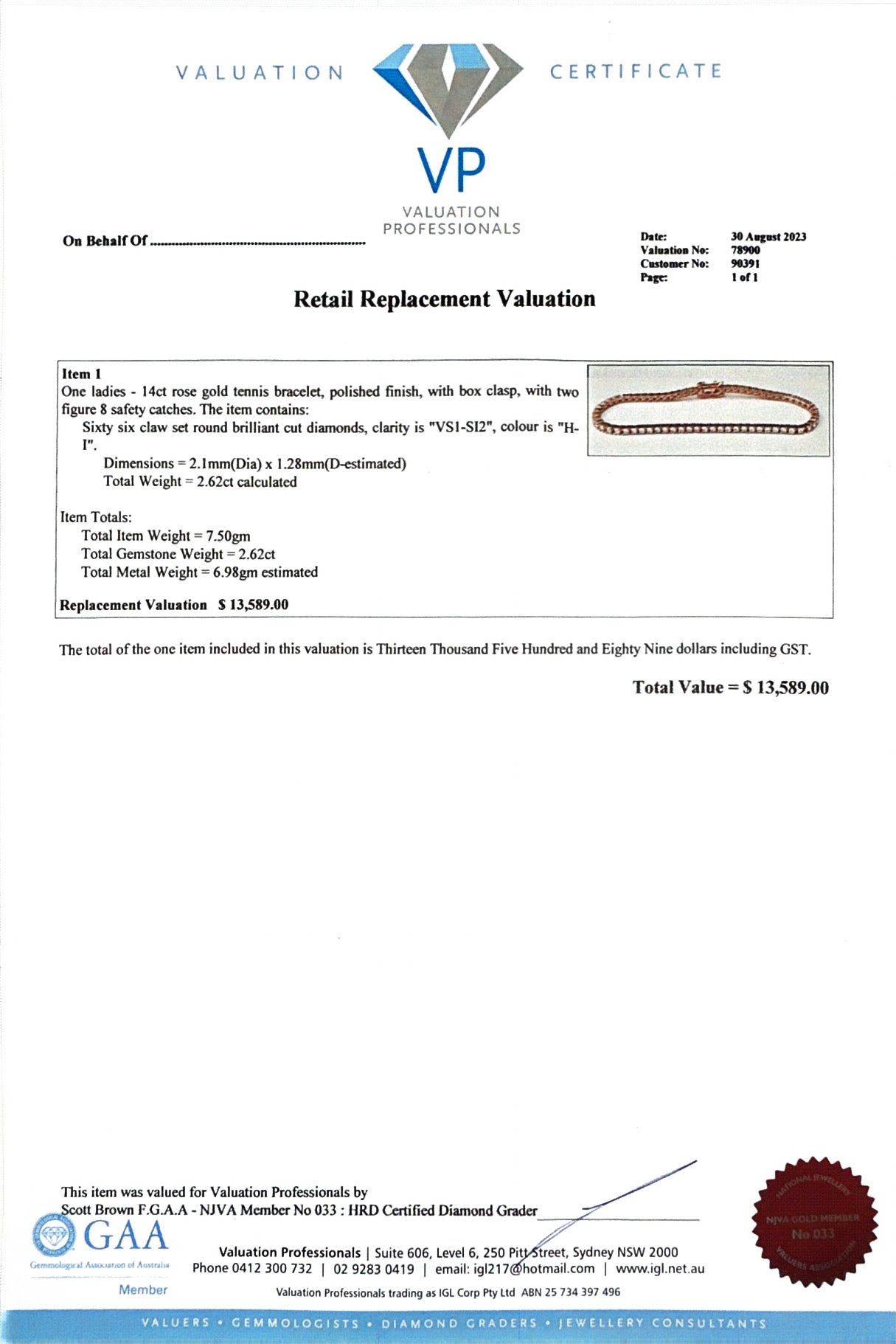 2.62ct RG Tennis bracelet in 18ct