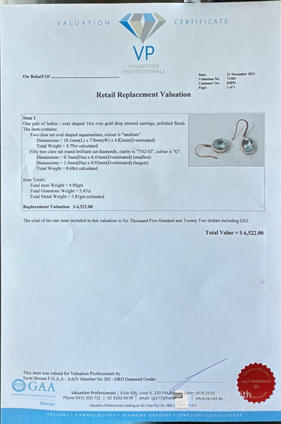14ct Rose Gold Aquamarine and Diamond Earrings