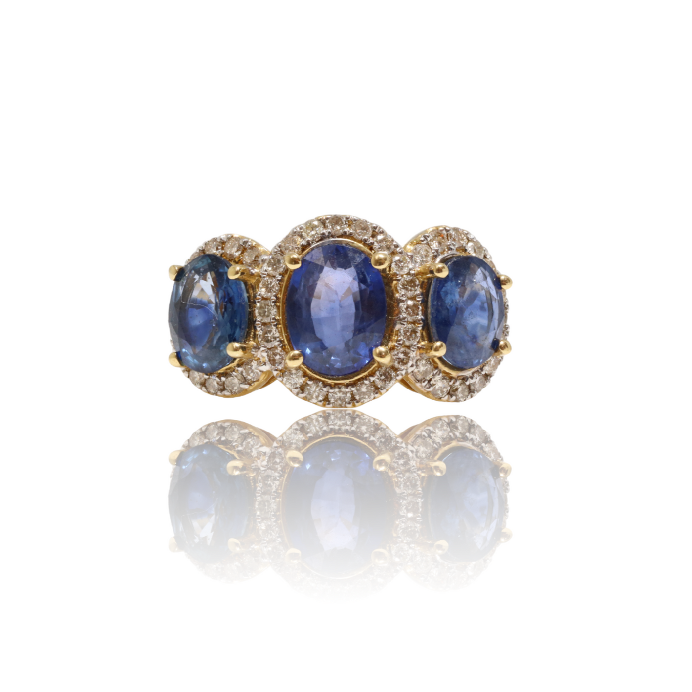 18CT Yellow Gold Trilogy Sapphire and Diamond Ring