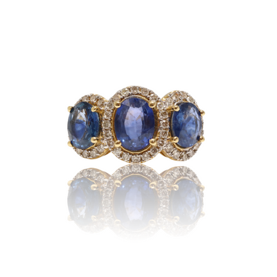 18CT Yellow Gold Trilogy Sapphire and Diamond Ring