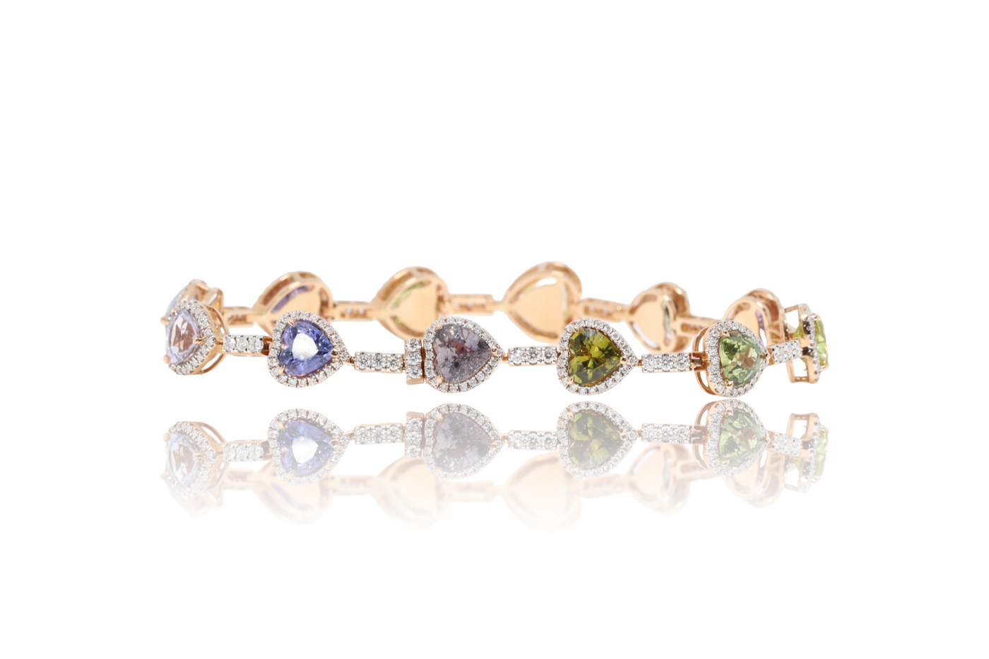 18CT rose gold multi coloured heart sapphire and diamond bracelet