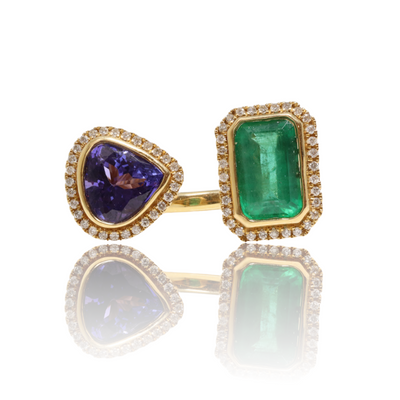 18CT yellow gold Emerald, Tanzanite and diamond open face ring