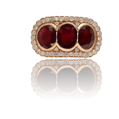 18CT Rose Gold Trilogy Ruby and Diamond Ring