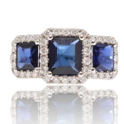 18CT white gold trilogy burmese (no heat) blue sapphire and diamond ring