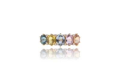 18ct yellow gold (No heat) rainbow Sapphire  and diamond straight eternity ring