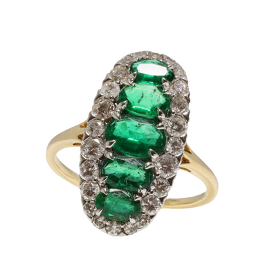 18CT Yellow Gold 5 Stone Emerald and Diamond Navette Dress Ring