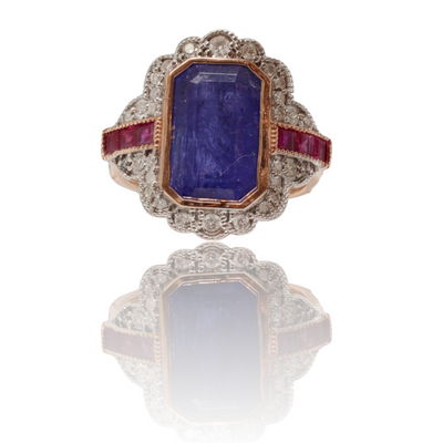 14ct rose gold Tanzanite, Ruby and Diamond ring