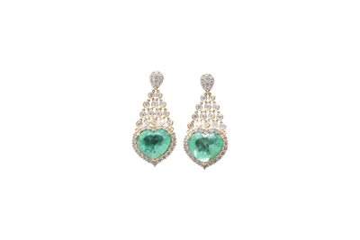 'Heart' 18CT yellow gold colombian emerald and diamond earrings