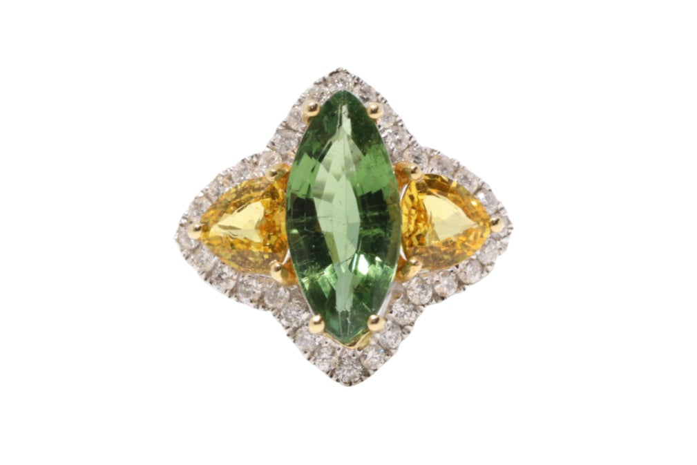 18CT White Gold Marquise Tourmaline, Yellow Sapphire and Diamond Ring