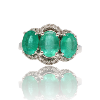 18CT White Gold Trilogy Emerald and Diamond Ring