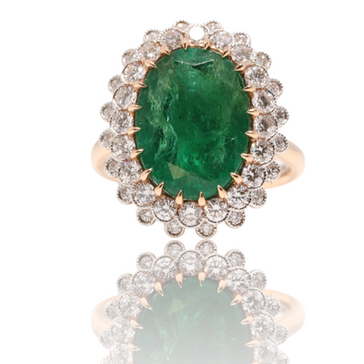 18ct rose gold Emerald and Diamond double halo dress ring