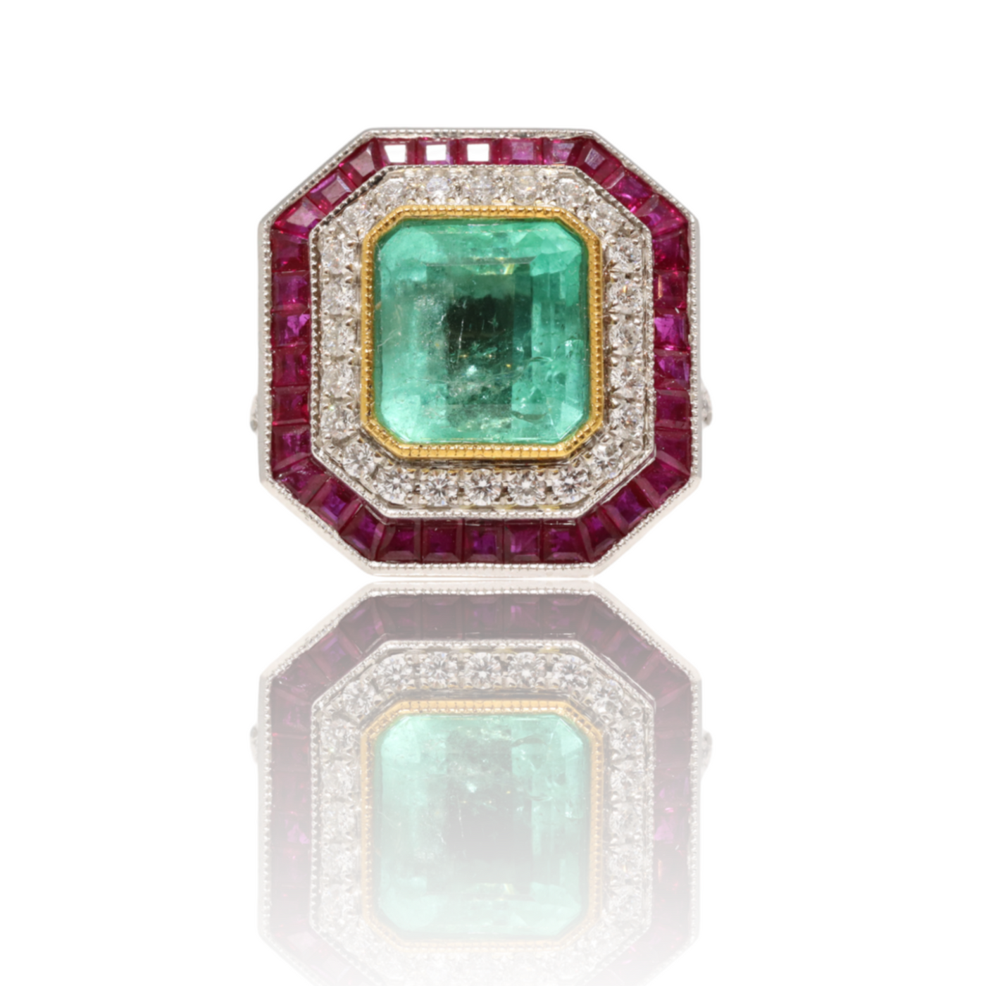 Platinum, Emerald, Ruby and Diamond cocktail ring