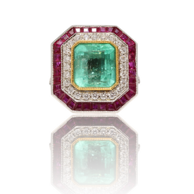 Platinum, Emerald, Ruby and Diamond cocktail ring