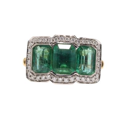 18CT Yellow Gold Trilogy Emerald and Diamond Ring