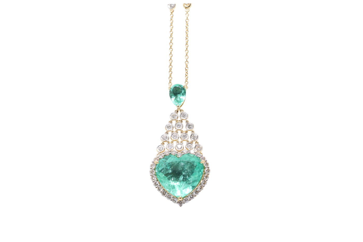 18CT yellow gold colombian emerald and diamond pendant and necklace