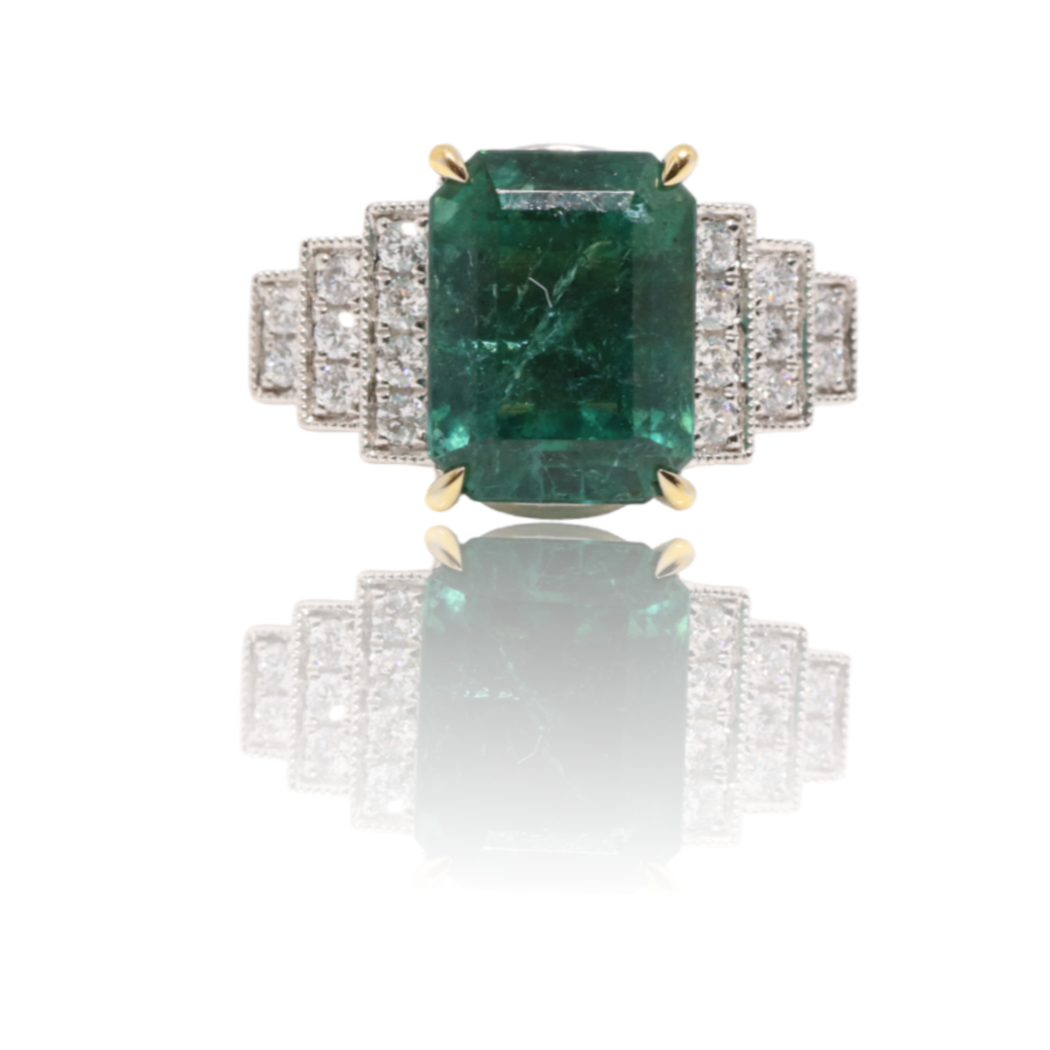 18ct white gold Art Deco style emerald and diamond ring