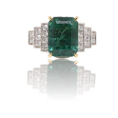18ct white gold Art Deco style emerald and diamond ring