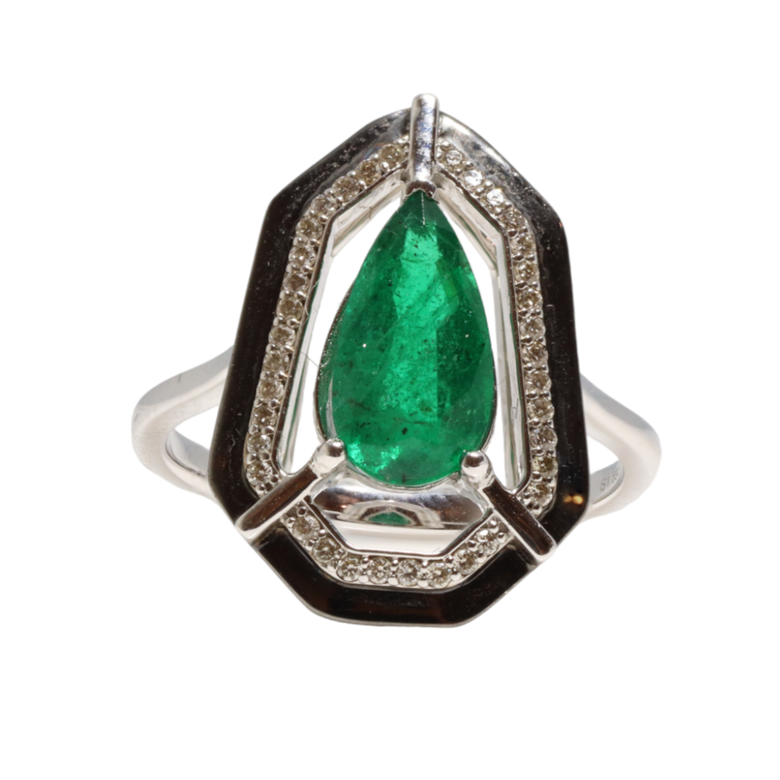18CT White Gold Marquise Emerald Diamond and Onyx Dress Ring