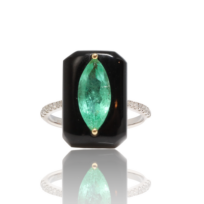 18CT white gold marquise colombian emerald, onyx and diamond ring