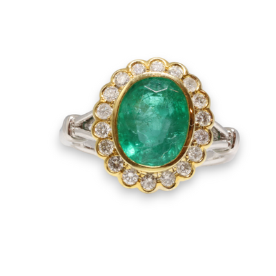 18CT Two Tone Yellow and White Gold Emerald and Diamond Ring