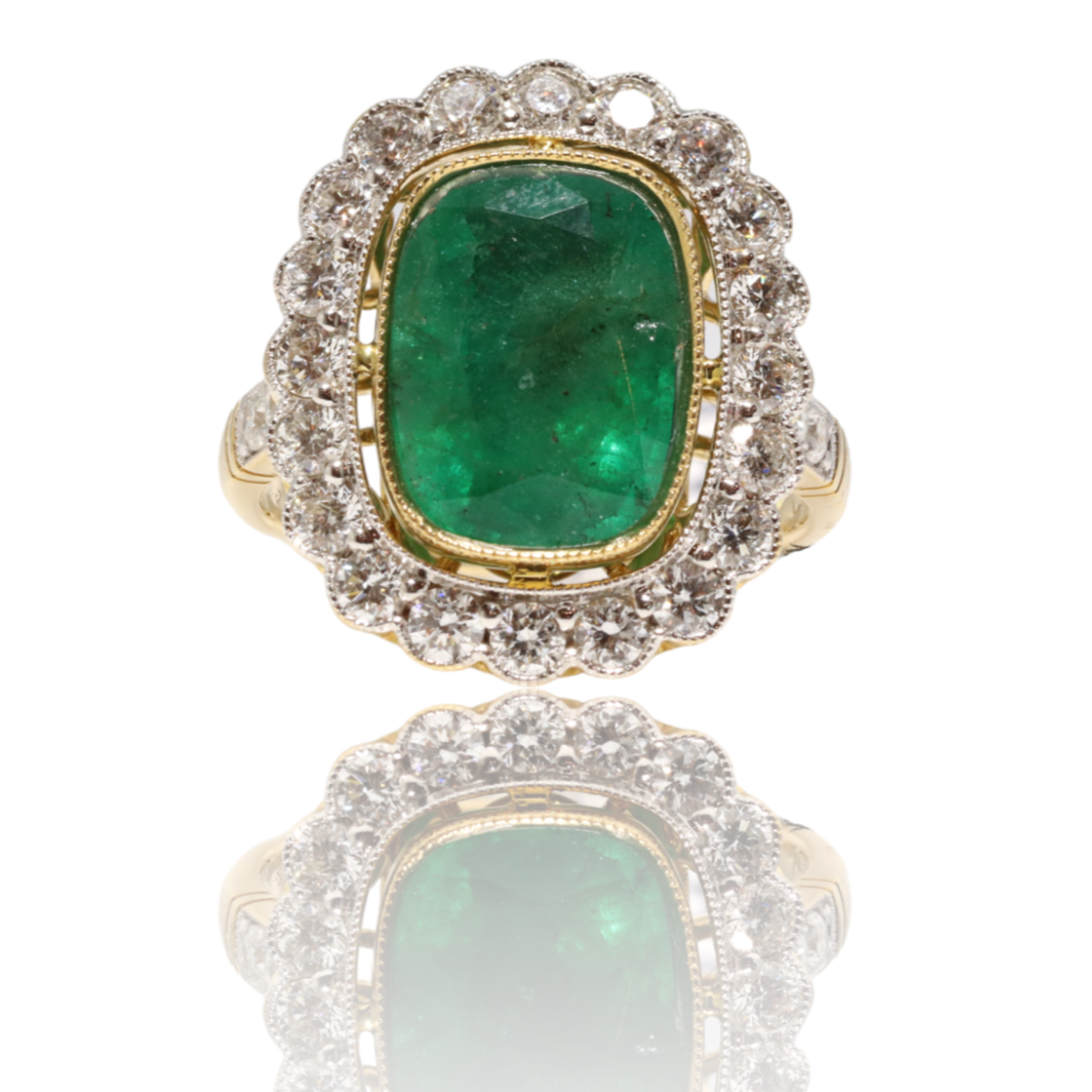 18ct yellow gold emerald and diamond halo ring
