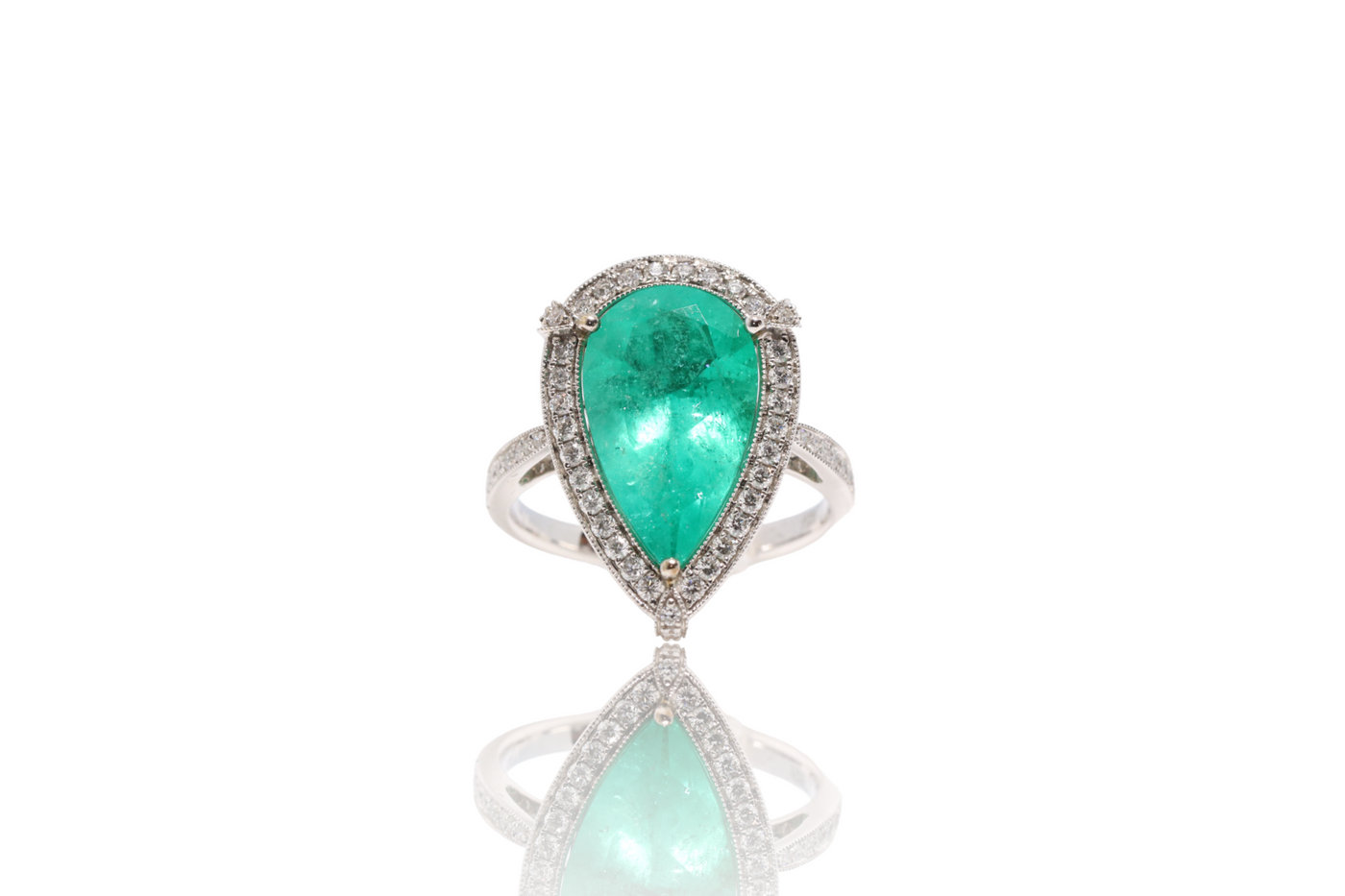 18CT white gold Colombian Pear emerald and diamond ring