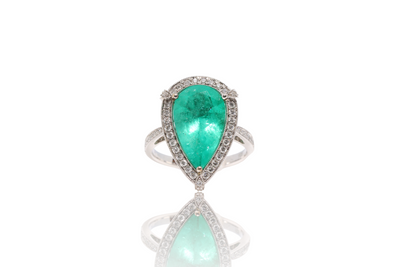 18CT white gold Colombian Pear emerald and diamond ring