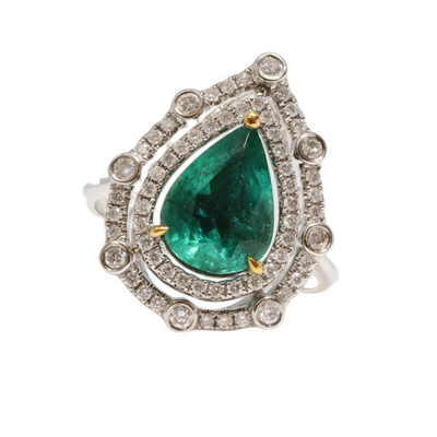 18CT White Gold Pear Emerald and Diamond Ring