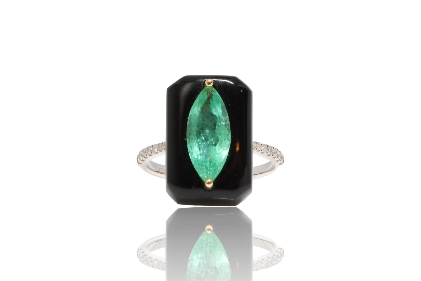 18CT white gold marquise colombian emerald, onyx and diamond ring