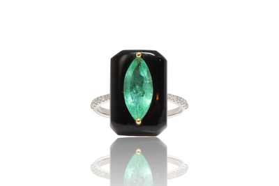 18CT white gold marquise colombian emerald, onyx and diamond ring