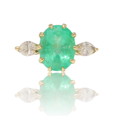 18ct yellow gold Emerald and Diamond trilogy ring